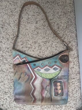 Anuschka Multicolor Painted Leather Crossbody Bag - Teal, Green, Pink, Brown